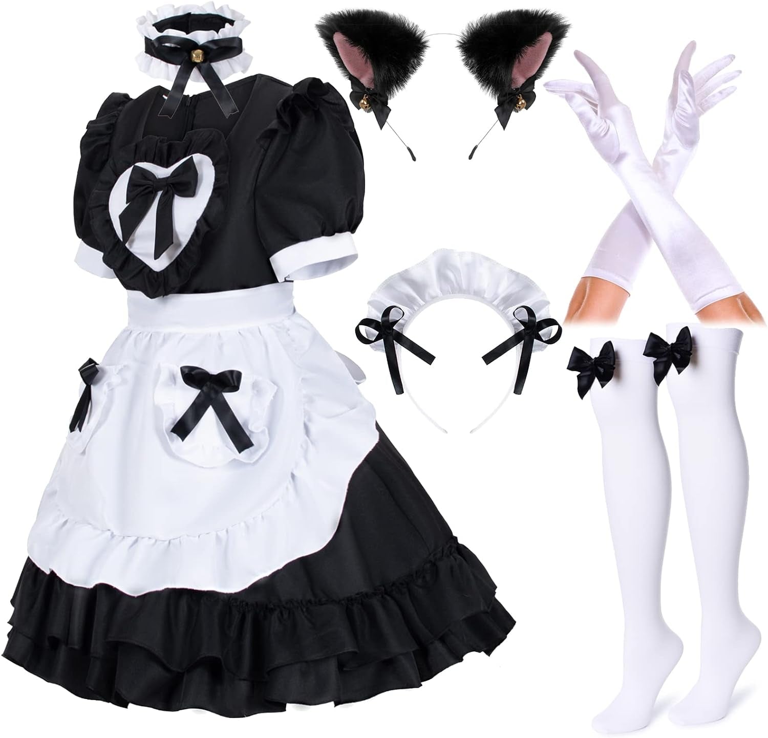 Japanese Anime Classic Sissy Maid Sweet Kawaii Heart Costume Dress Cosplay Furry Cat Ear Gloves Socks Set