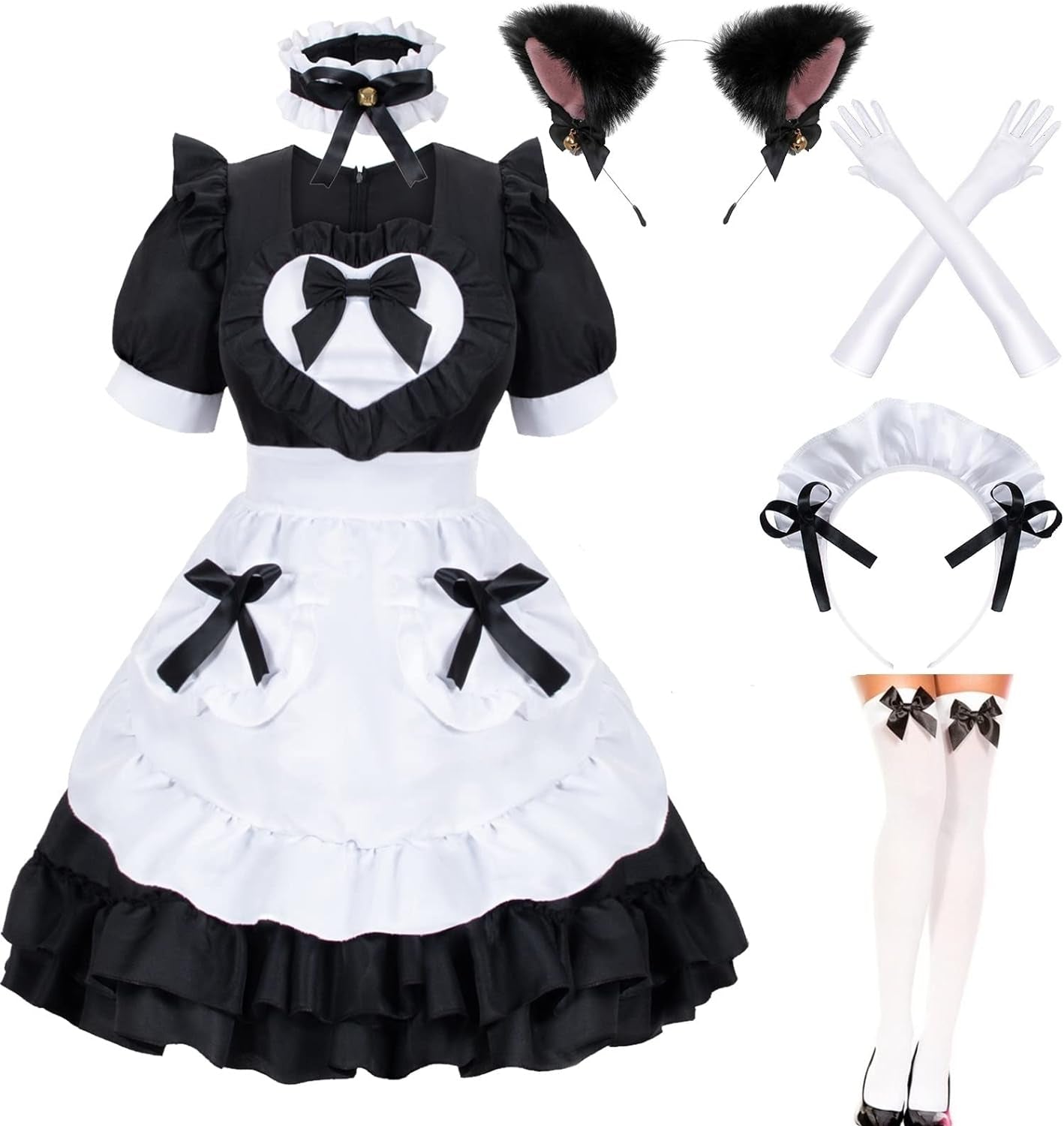 Japanese Anime Classic Sissy Maid Sweet Kawaii Heart Costume Dress Cosplay Furry Cat Ear Gloves Socks Set